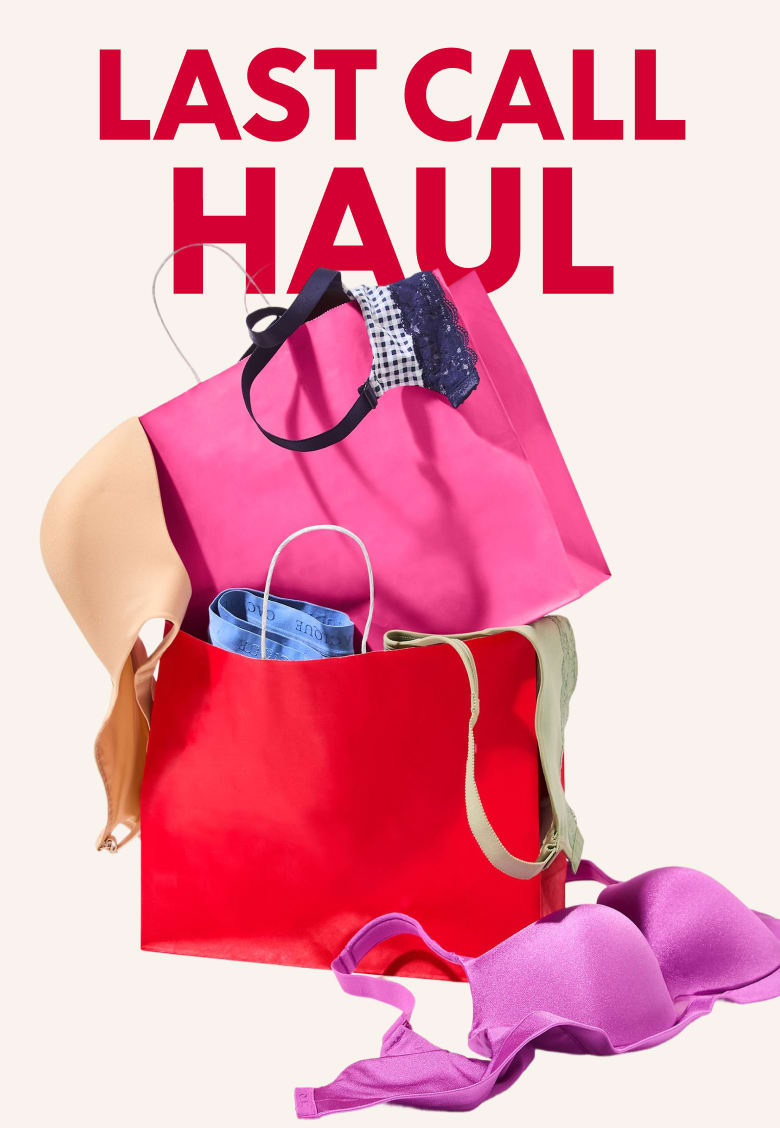 Brightly colored shopping bags overflow with clothing in the foreground, set against a plain, light background with bold pink text reading LAST CALL HAUL at the top.