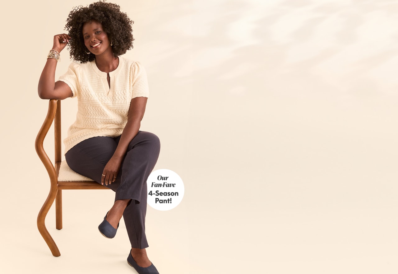 A smiling woman in a cream top and dark pants sits on a wooden chair against a soft, textured background with a circular text overlay.