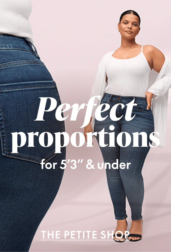 A close-up of denim jeans in the foreground is juxtaposed with a full-body shot of a woman in jeans and a white top against a soft pink background.