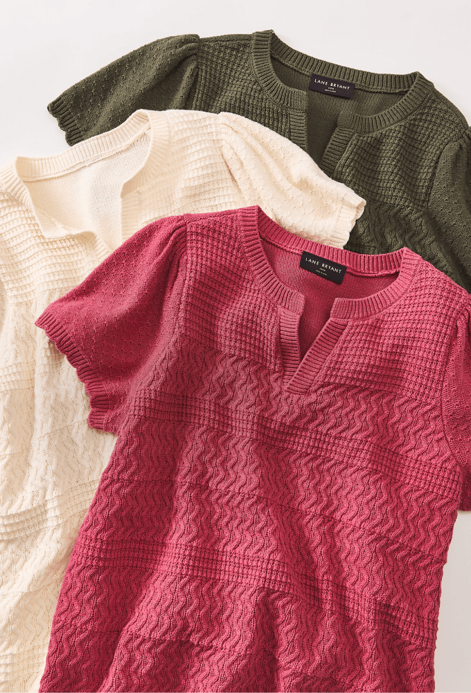 Three textured knit tops in cream, rose, and olive green are arranged diagonally on a white background.