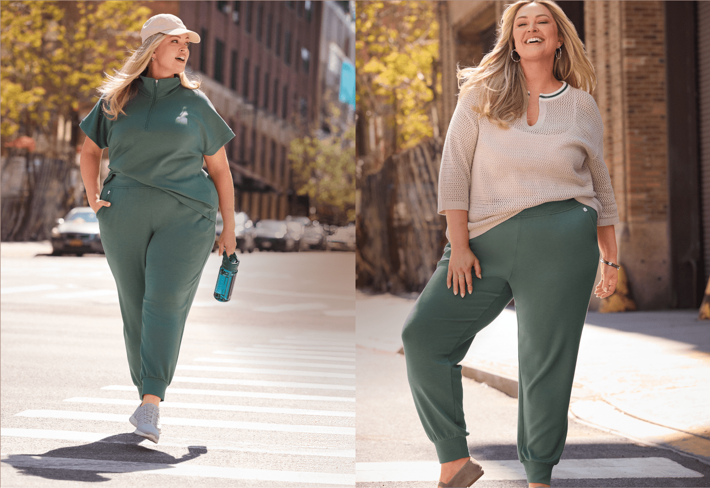 Two plus-size women in athletic wear pose on a city street with buildings and cars in the background.