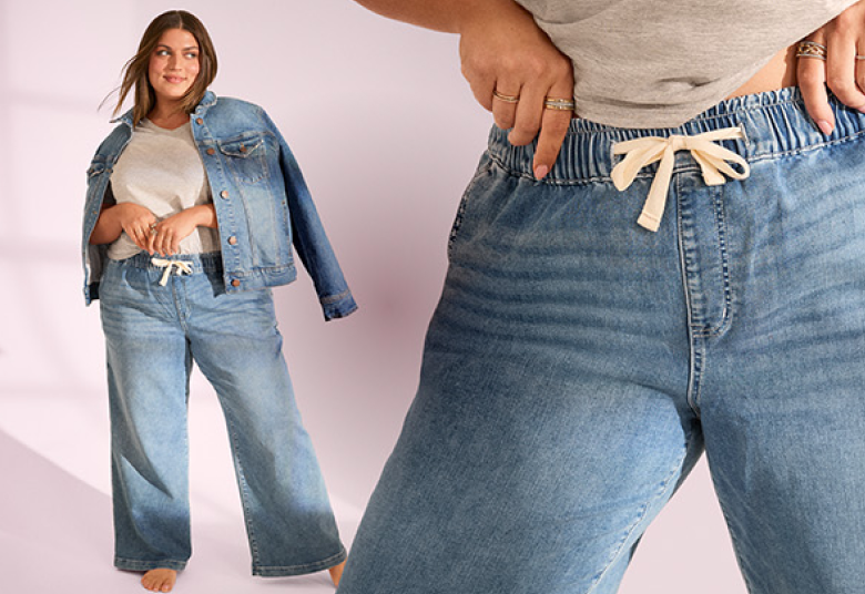 A woman in denim jeans and jacket stands in the foreground, while text promoting 