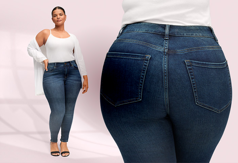 A woman models dark wash jeans in the foreground, with text overlaying the background promoting 