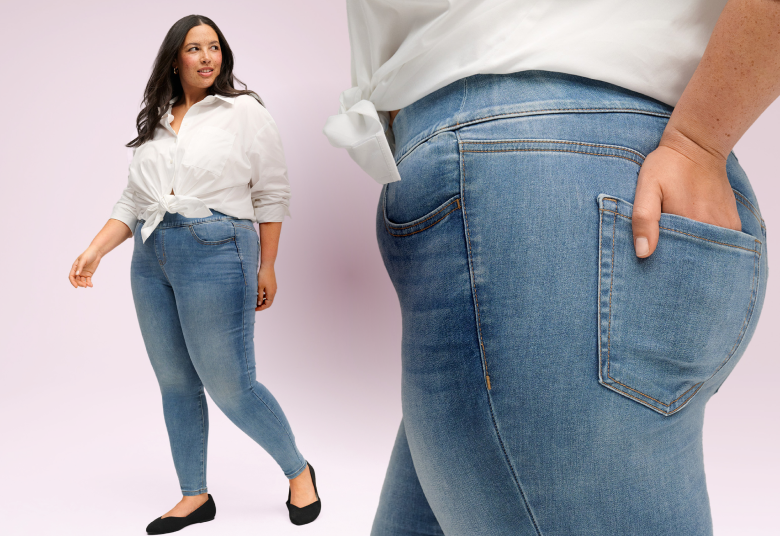 A woman in a white shirt and blue jeans is shown from the front and back against a light pink background with text advertising 