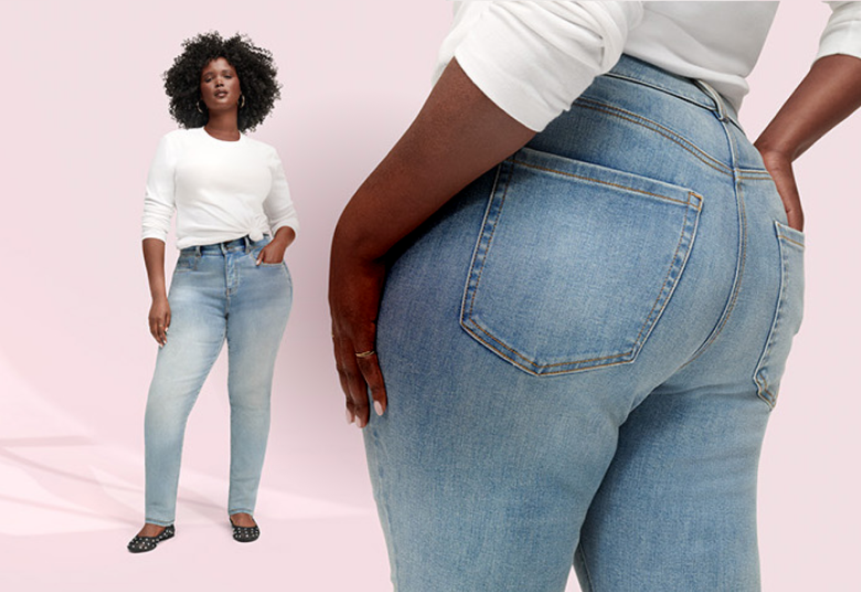 A woman in light-wash jeans stands against a pale pink background, with text overlaying her hip and thigh.