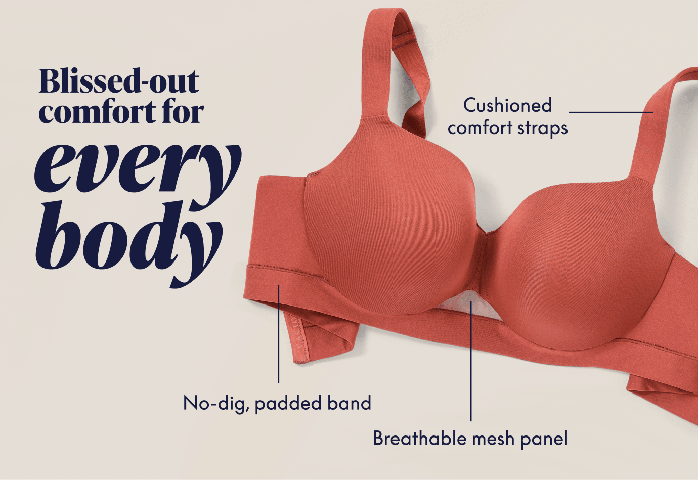 A coral-colored bra with labeled features rests on a light beige background, with text promoting 