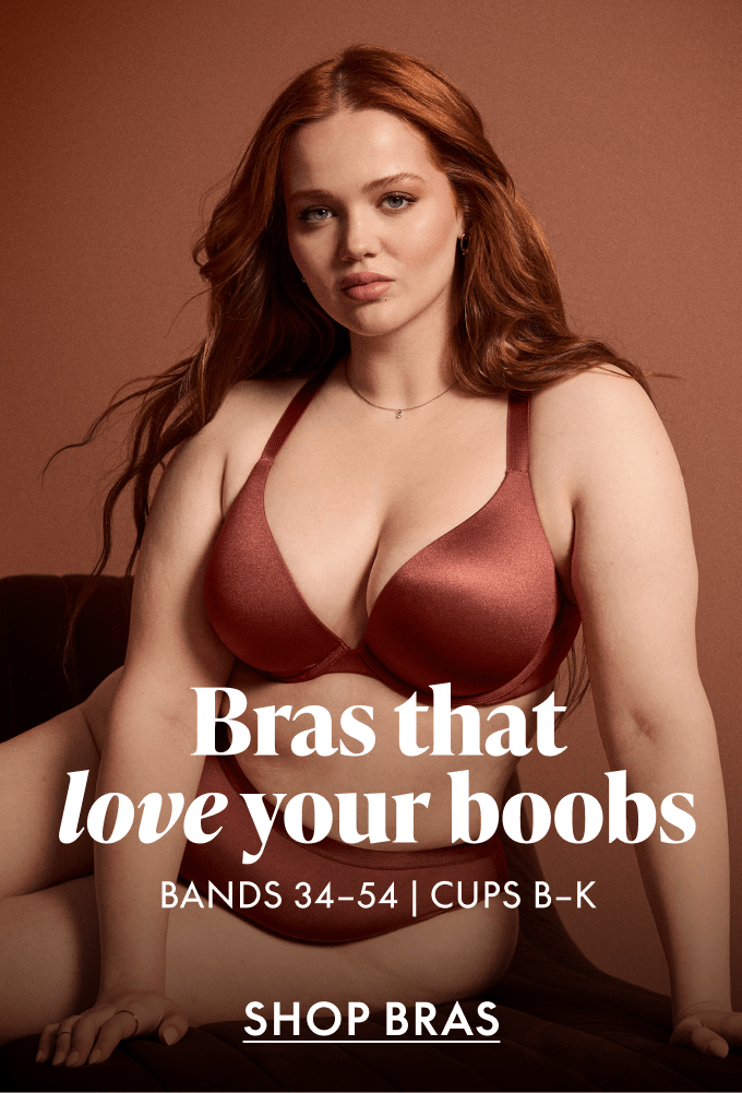 A woman with auburn hair poses in a rose gold bra against a warm, muted background, with text overlaying the image.