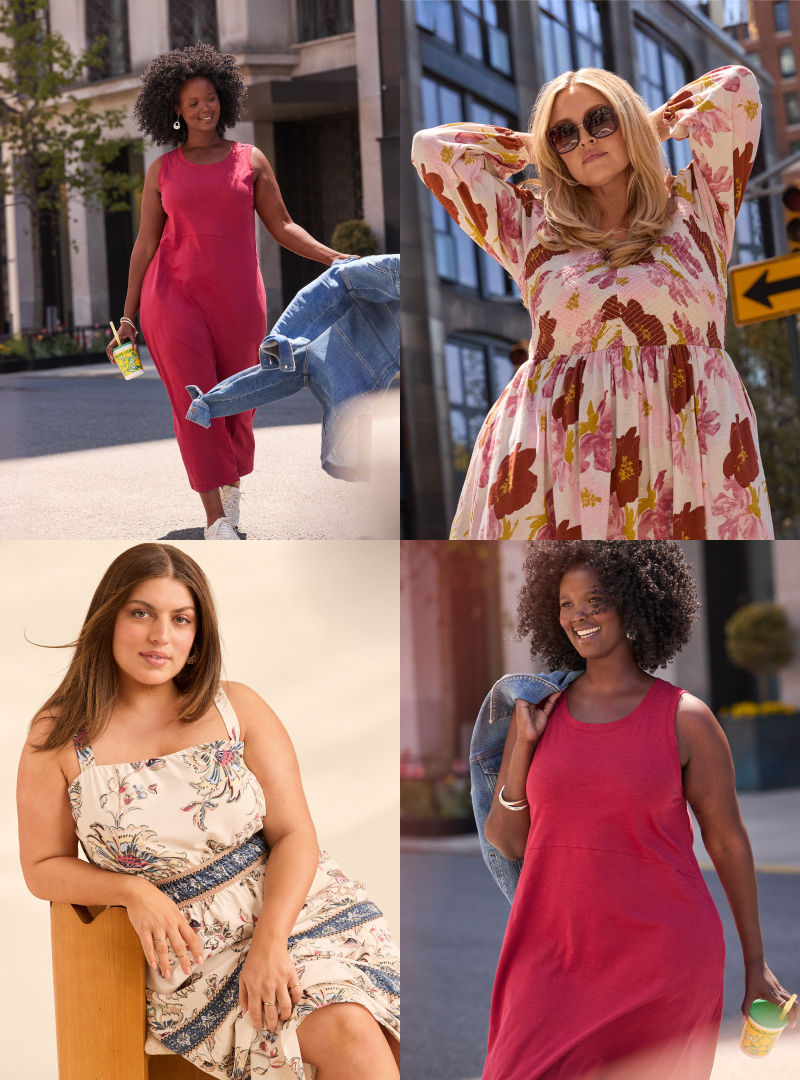 Four women in stylish dresses are featured in a collage, with city streets and a neutral studio backdrop behind them.