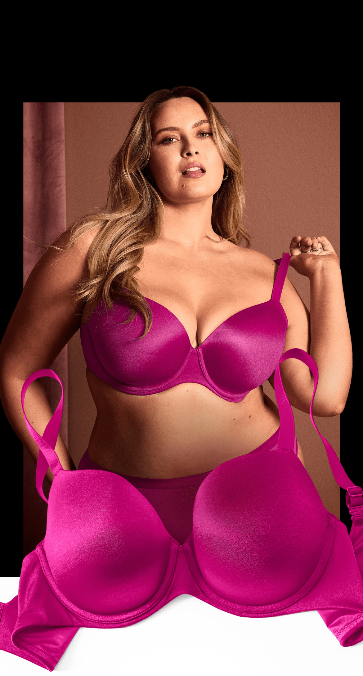 Three women are shown in the foreground, each wearing a different colored bra, against a dark background.