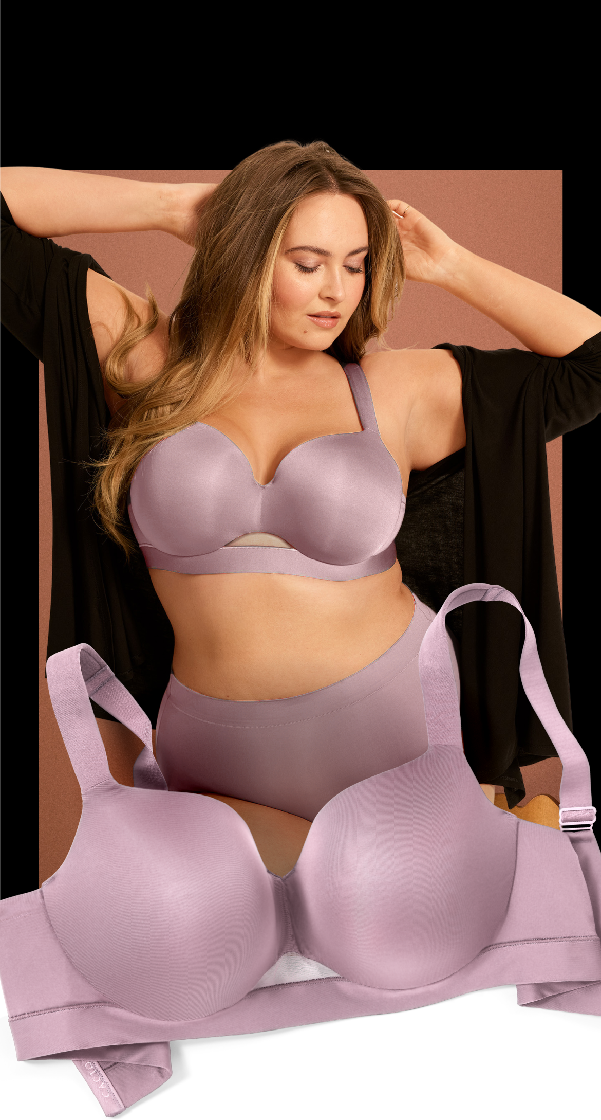A woman models a lilac bra and underwear set in front of a muted brown background, with another lilac bra prominently displayed in the foreground.