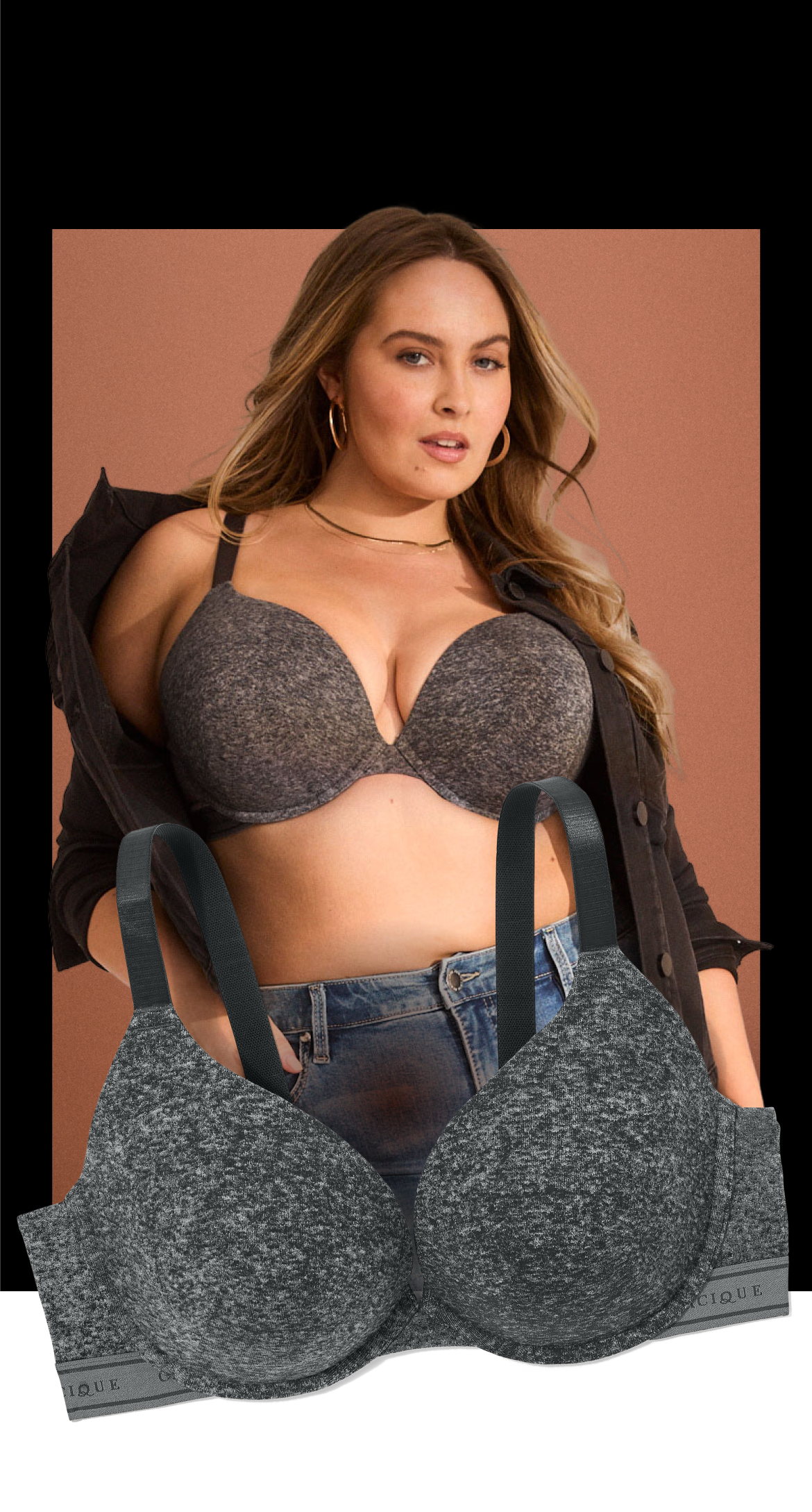A woman in a bra and jeans stands against a brown background, with two more bras in the foreground.