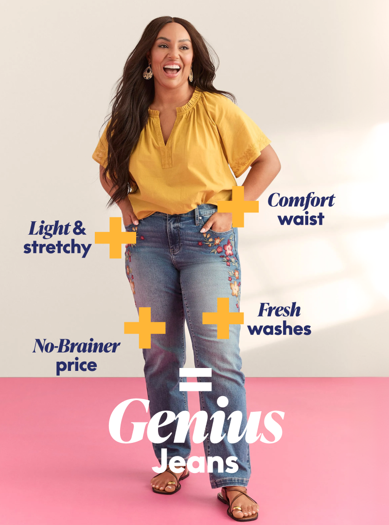 A smiling woman in embroidered jeans stands against a pink and white background, with text highlighting the jeans' features. Comfort waist + Light & Stretchy + Fresh Washes + No-Brainer price = Genius jeans