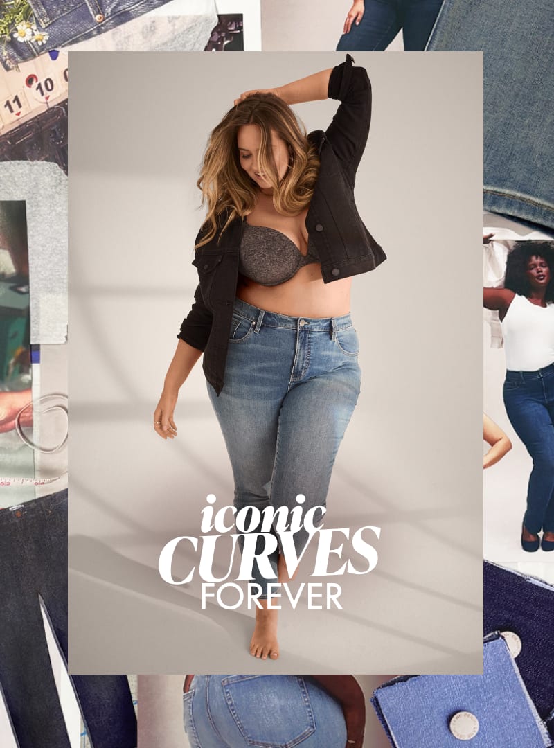 A woman in jeans and a bra stands in the foreground with the text 'iconic CURVES FOREVER' while the background features collages of denim and fashion imagery.