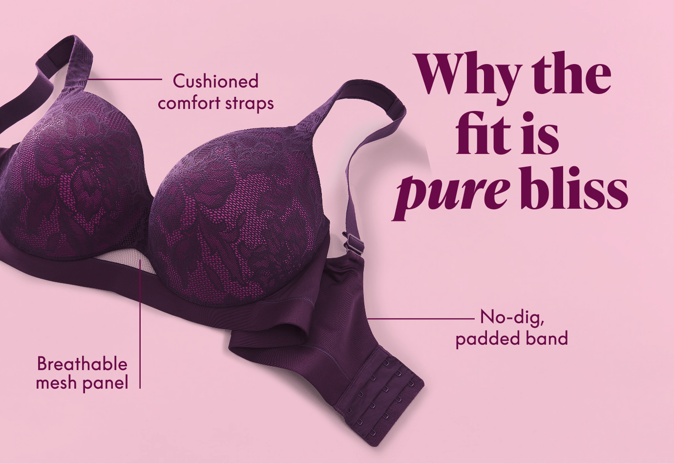 A purple lace bra with cushioned comfort straps and a no-dig padded band is displayed against a soft pink background.