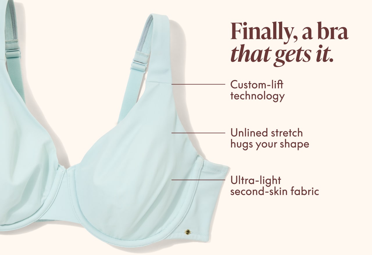 A light blue bra with descriptive text overlays is presented against a soft, peachy background.