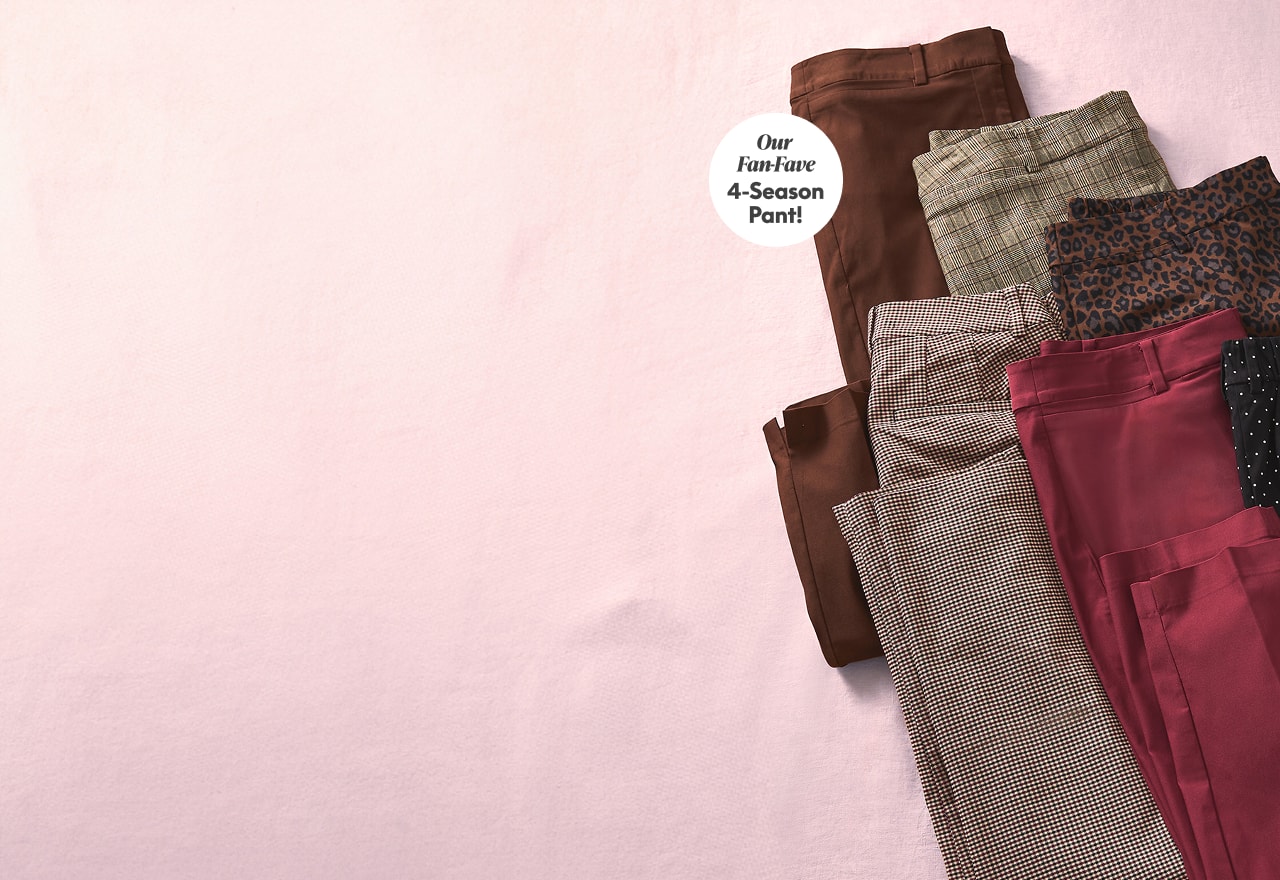 A collection of patterned and solid colored pants are neatly arranged on a soft pink background.