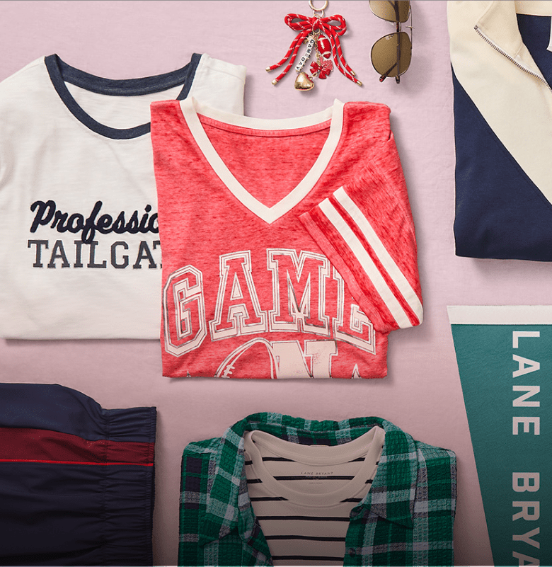 A flat lay of collegiate-themed apparel is on the left, while three women pose with a car and a grill in a park on the right.