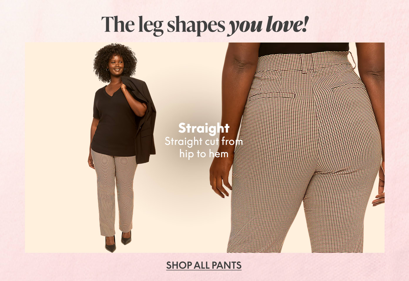 A woman models checkered pants in the foreground, with a close-up of the pants' fit in the background, all against a soft pink backdrop.