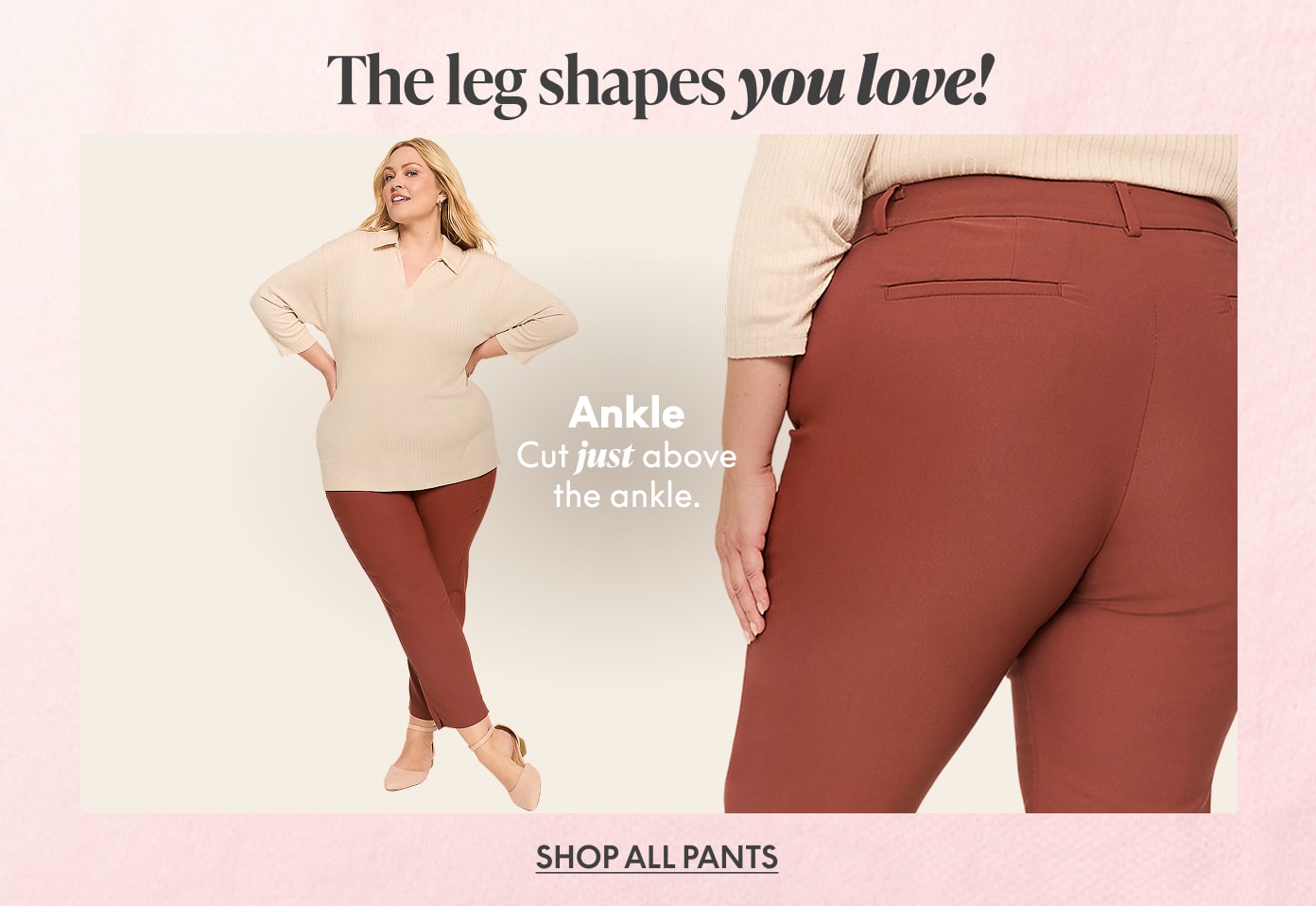 A woman models rust-colored ankle-length pants against a pale pink background, with a close-up of the pants' back pockets in the foreground.