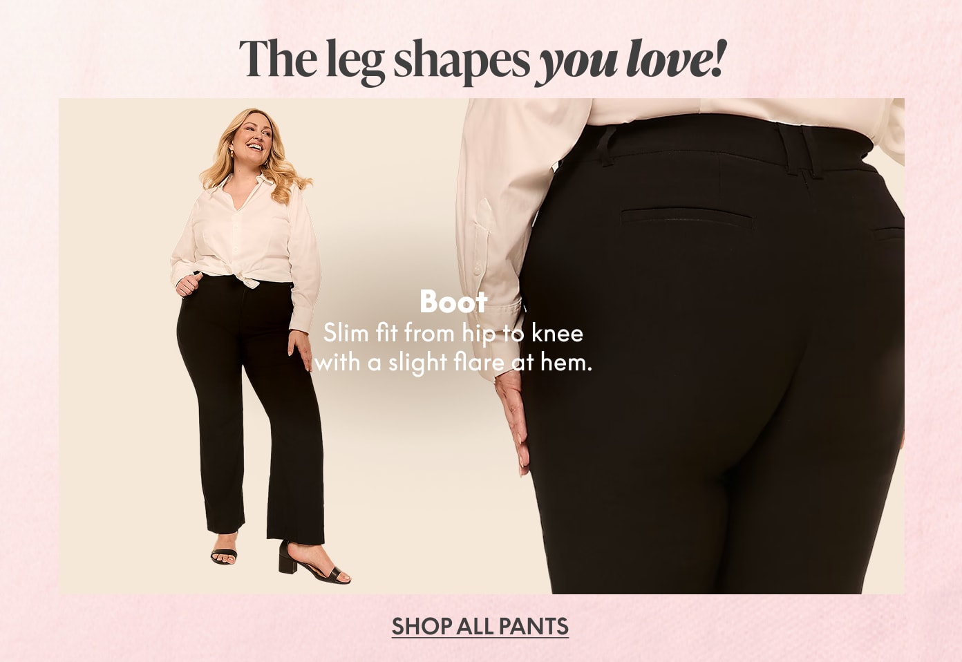 A woman models black bootcut pants against a light pink background with text overlaying the image.