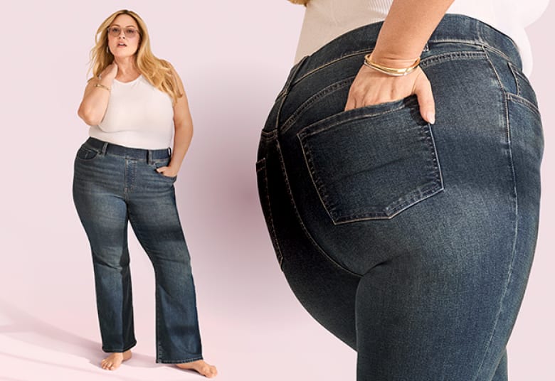 A woman in a white tank top and blue jeans stands with her hand in her pocket against a pink background, while a close-up of her jeans fills the foreground.