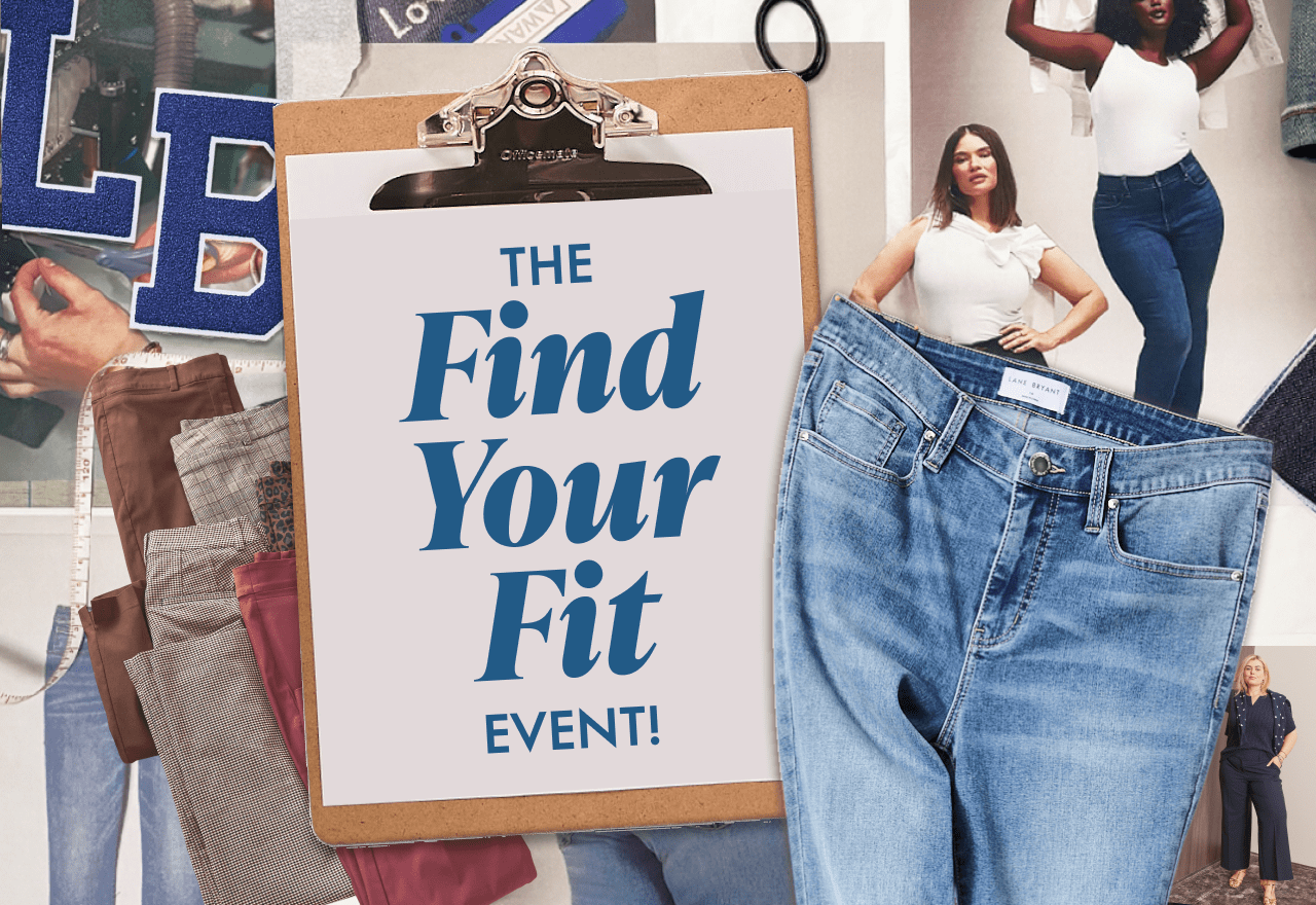 A clipboard with 'The Find Your Fit EVENT!' written on it is in the foreground, with a collage of women in jeans and fabric swatches in the background.