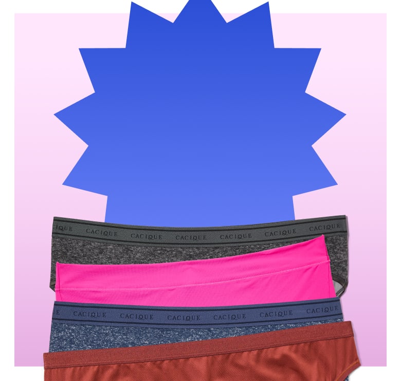 Hands hold up a pair of light purple lace-trimmed underwear in front of a blue starburst against a gradient pink background.