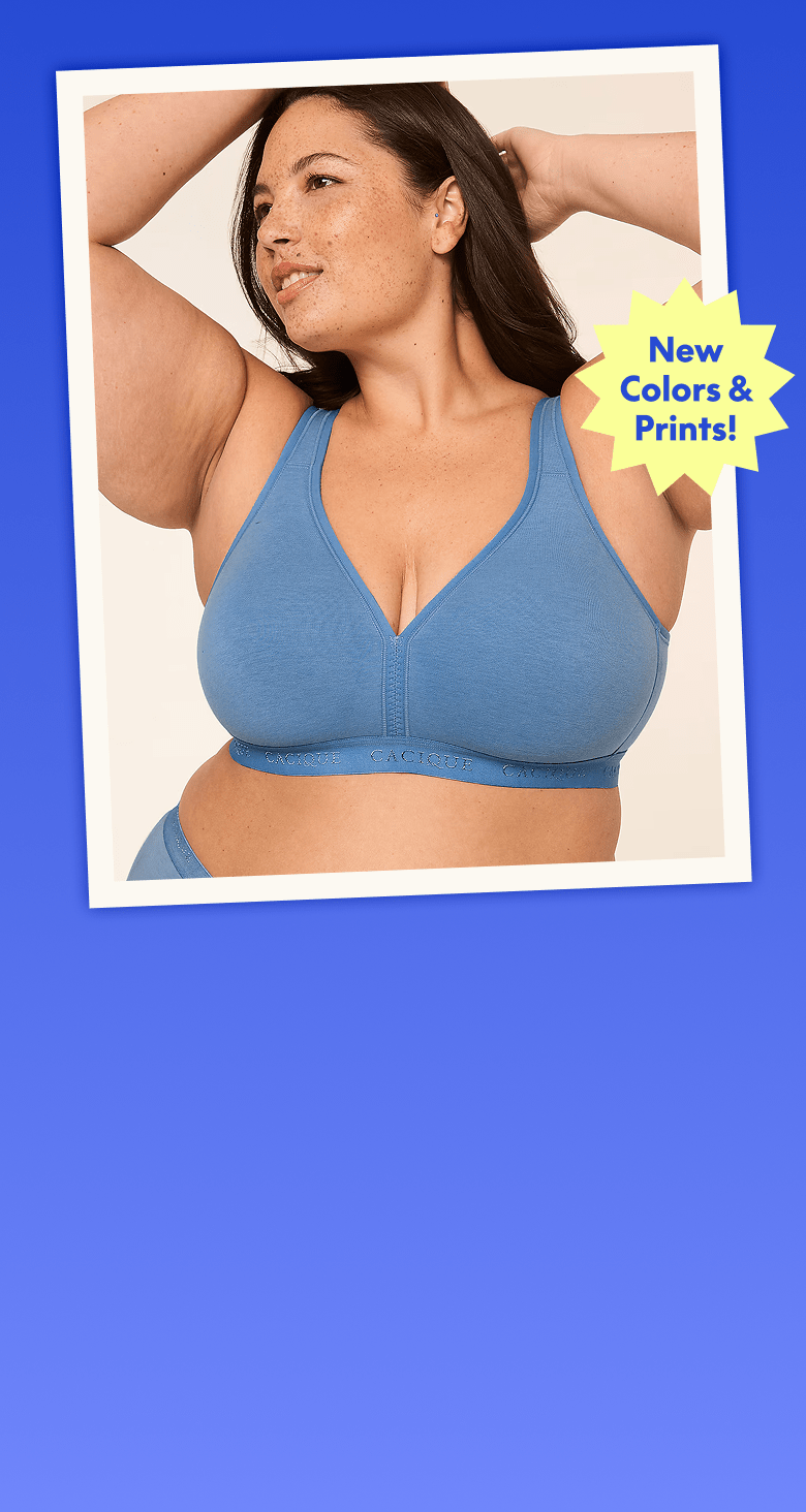 A woman in a blue bra poses against a plain background with a yellow starburst announcing 'New
                    Colors & Prints!'