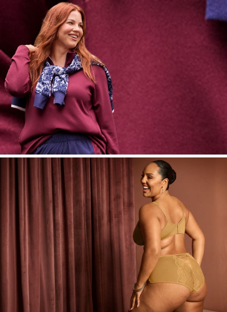 A smiling woman in a maroon sweatshirt and blue scarf is in the foreground of the top image, with a blurred maroon background, while the bottom image shows a woman in tan lingerie posing in front of a draped brown curtain.