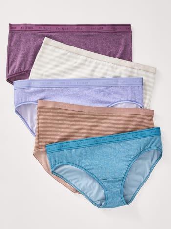 ive pairs of colorful women's panties are stacked diagonally against a plain white background.