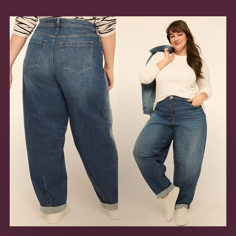 Two views of a woman wearing oversized blue jeans and a white top are set against a plain, light-colored background.