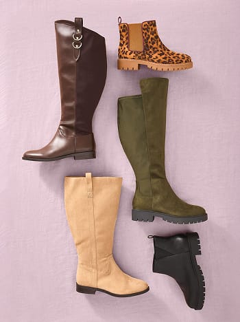 ive different styles of boots in brown, leopard print, olive green, tan, and black are arranged on a plain purple background.