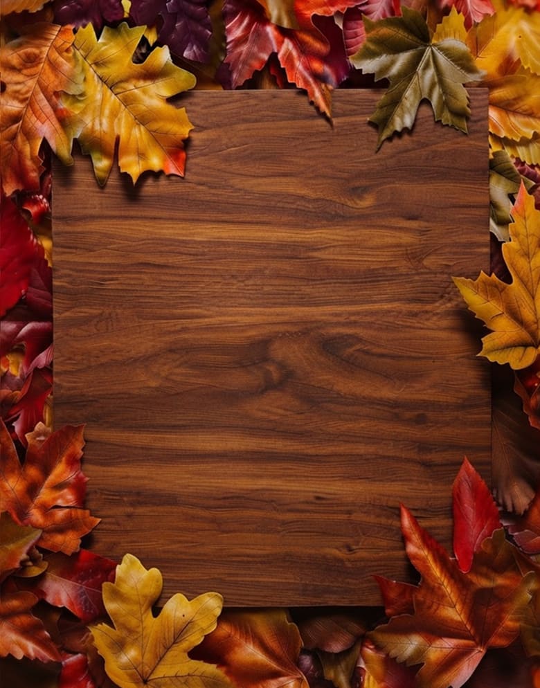 Colorful autumn leaves frame a dark brown wooden surface.