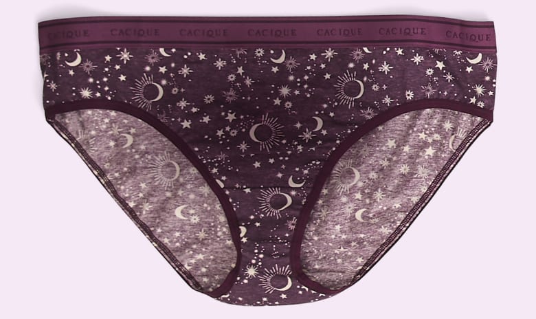 Purple panties with a celestial moon and star pattern are set against a plain white background.