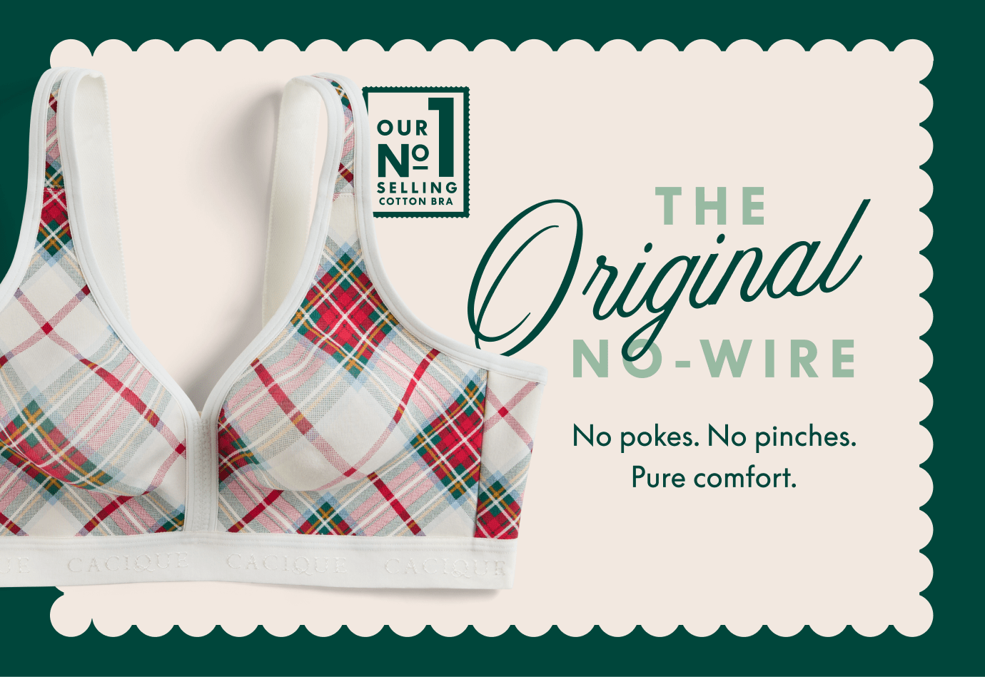 A plaid no-wire bra is featured in the foreground against a light beige background with promotional text and a dark green scalloped border.