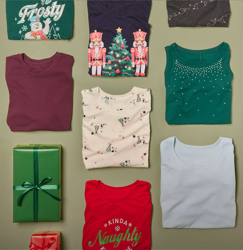 Various festive shirts and a wrapped green gift are arranged on a plain olive-green background.