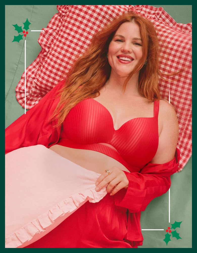 A woman wearing a plaid bra is framed by a scalloped border against a neutral background, set beside a solid dark green panel.