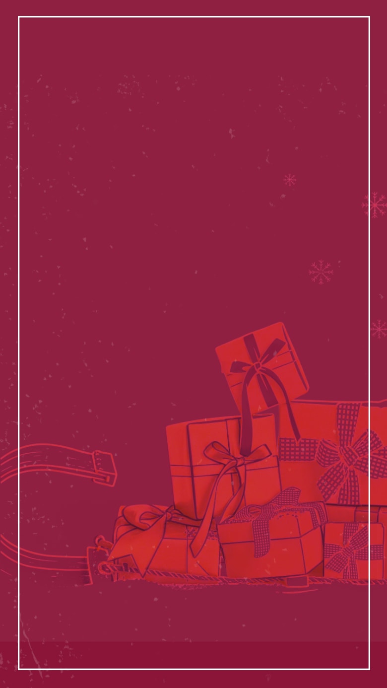 A stack c wrapped gift boxes sits in the foreground against a textured maroon background featuring scattered snowflakes.