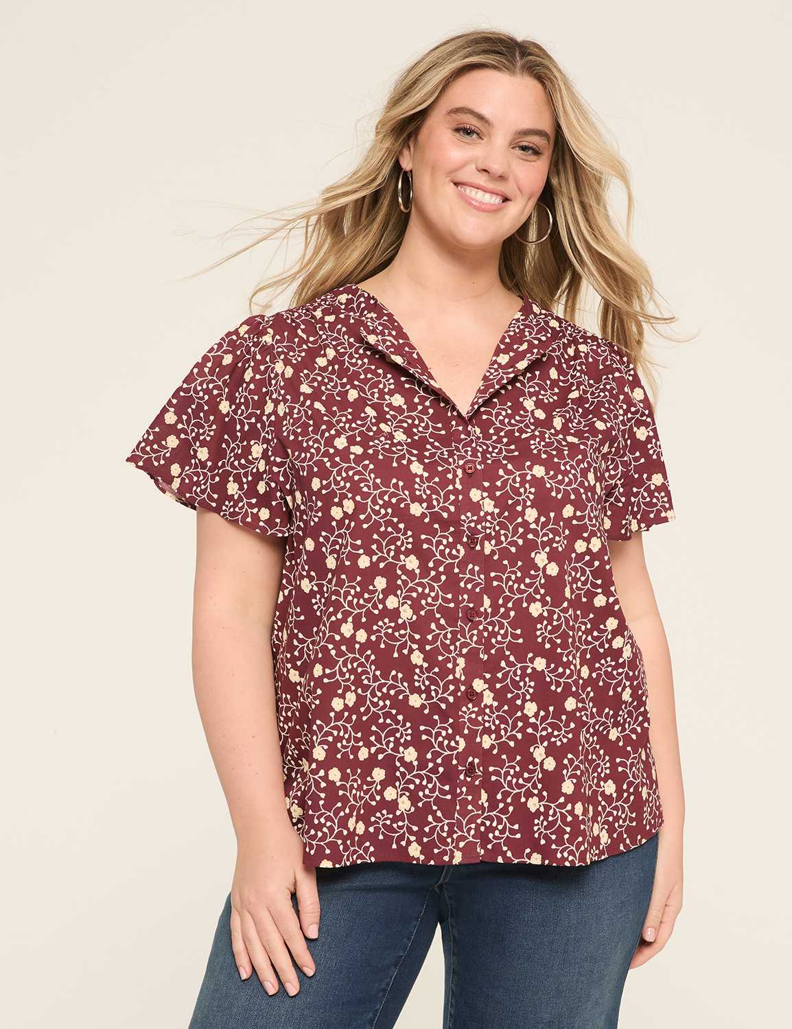 Swing Flutter-Sleeve Button-Down Blouse