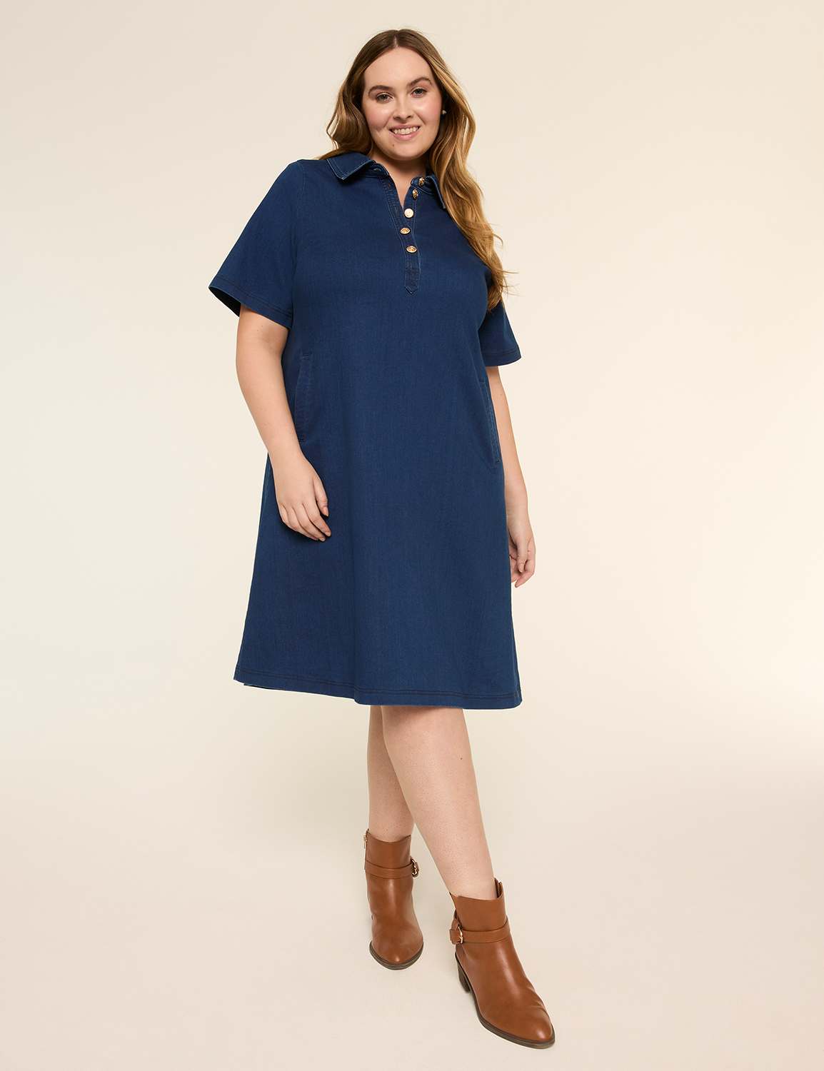 Short-Sleeve Collared Knit Denim Dress