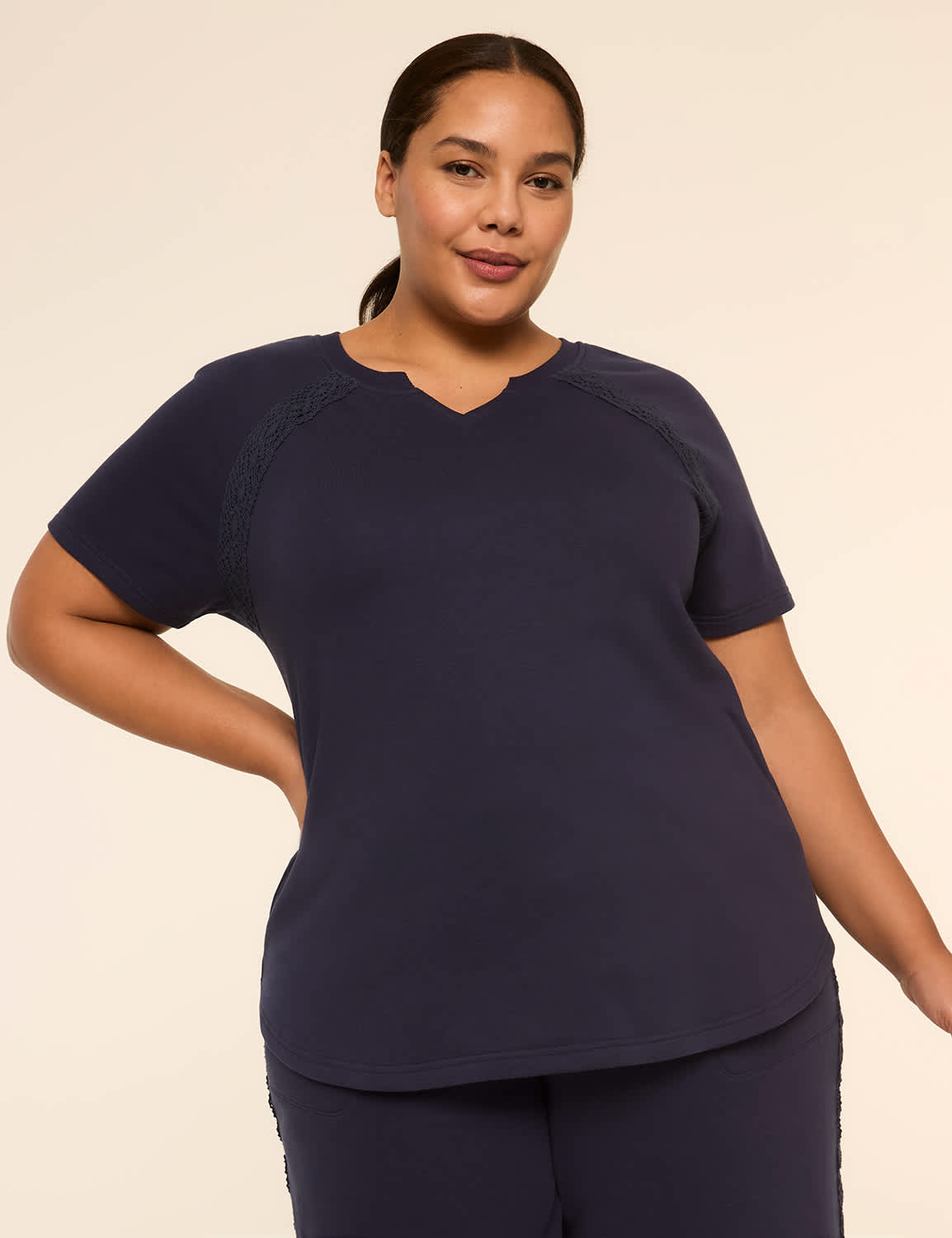 LIVI French Terry Elbow-Sleeve Crochet-Trim Sweatshirt