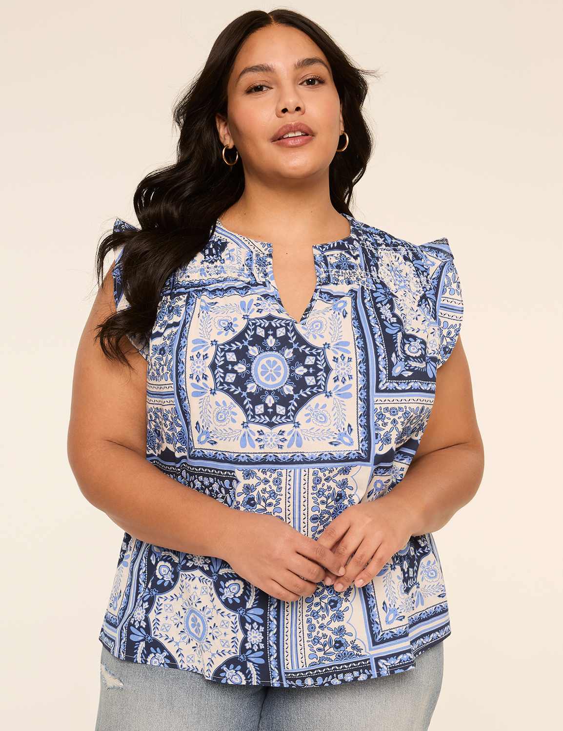 Flutter-Sleeve Smocked-Yoke Top