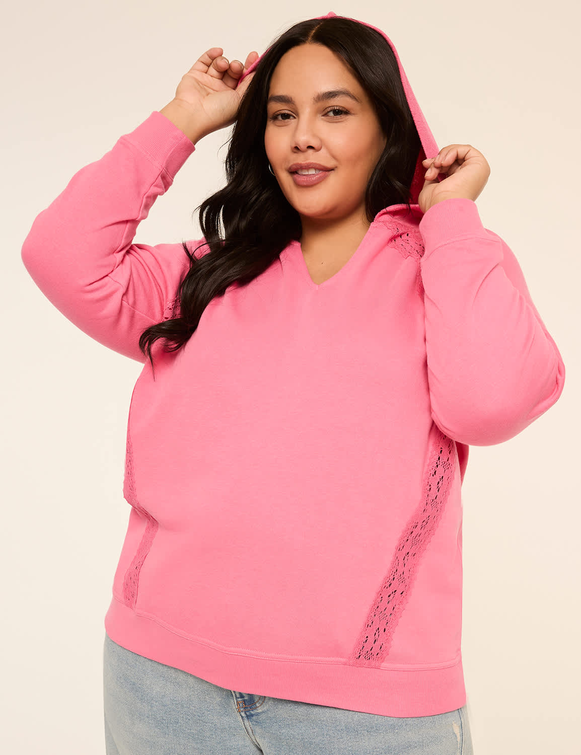 Notch-Neck Crochet-Trim Hoodie