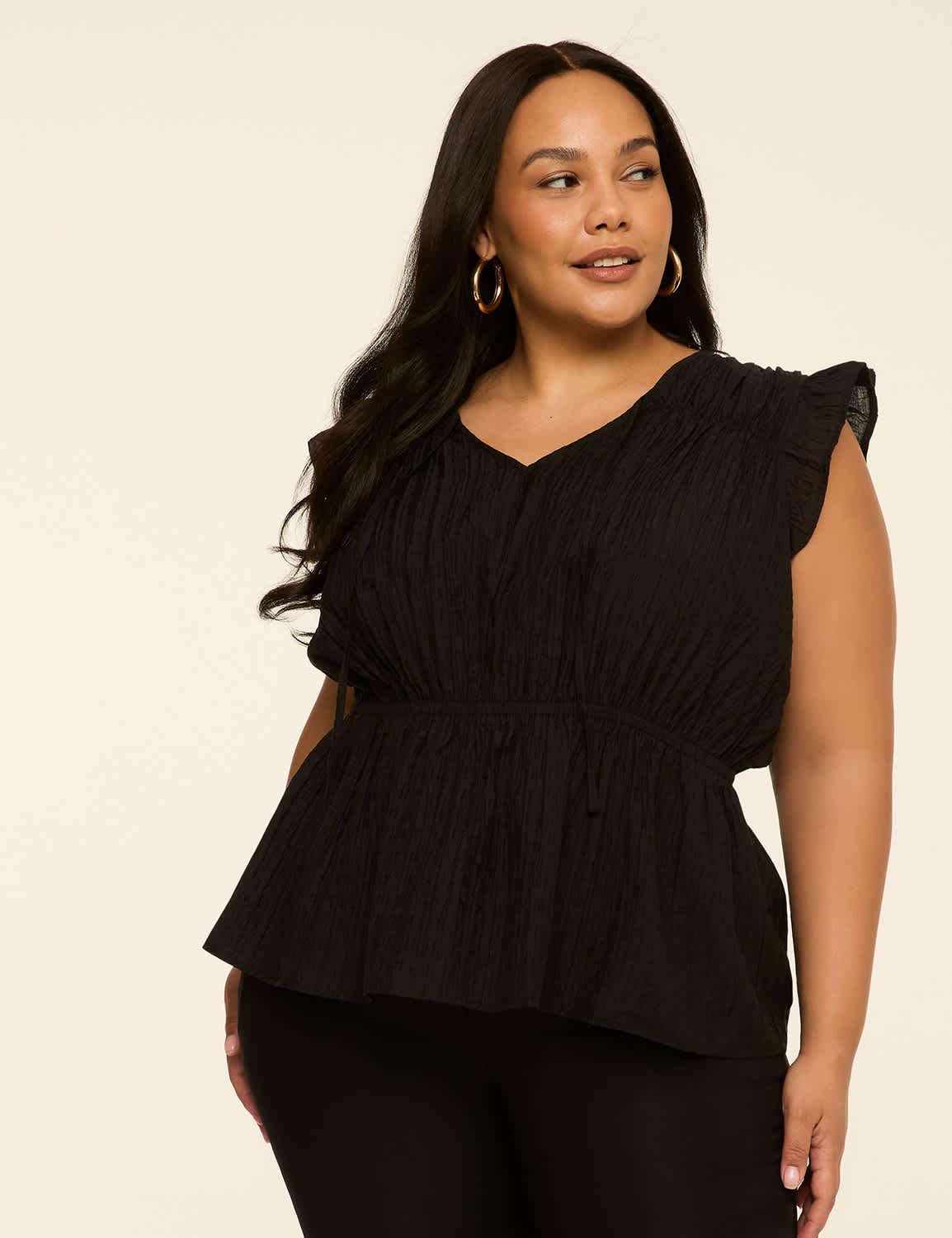 Ruffle-Sleeve Tie-Neck Peplum Top