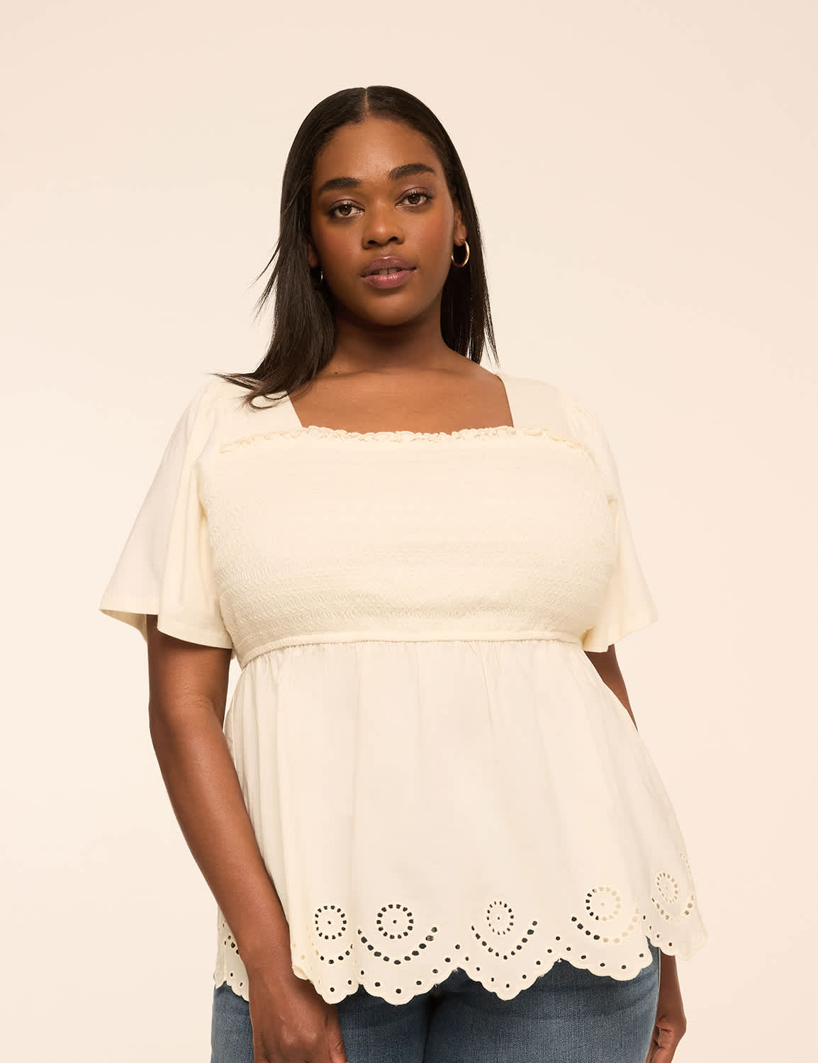 Smocked-Bodice Eyelet-Hem Peplum Top