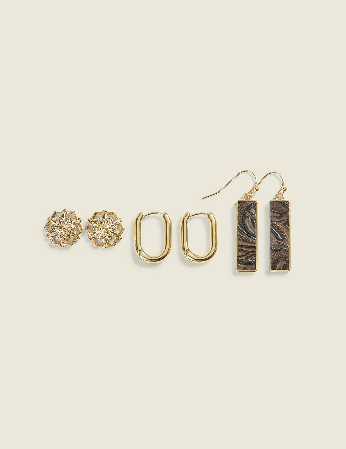 Goldtone & Faux-Leather Earring 3-Pack