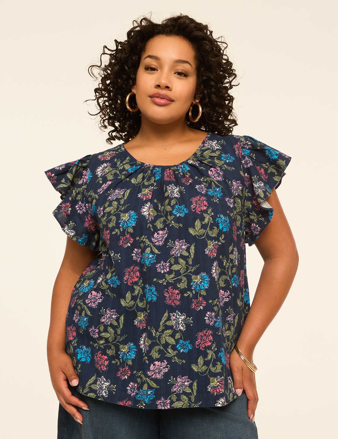 Flutter-Sleeve Scoop-Neck Popover Blouse
