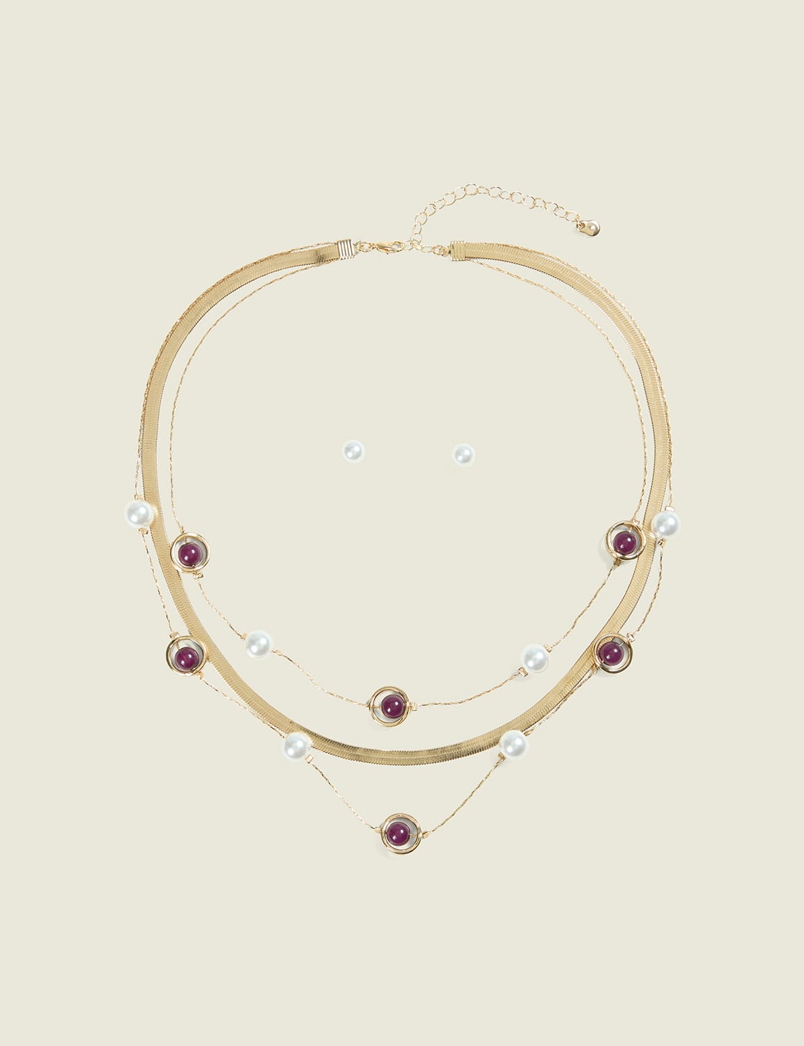 Pearlized & Burgundy Beaded Multi-Row Necklace & Earring Set