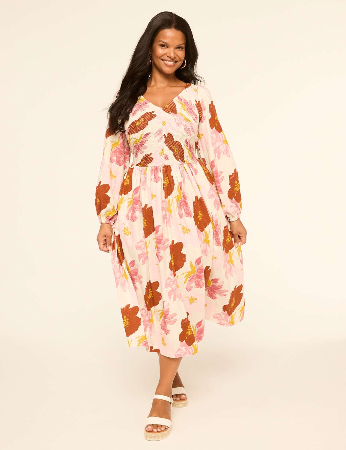 Long-Sleeve Smocked-Bodice Midi Dress