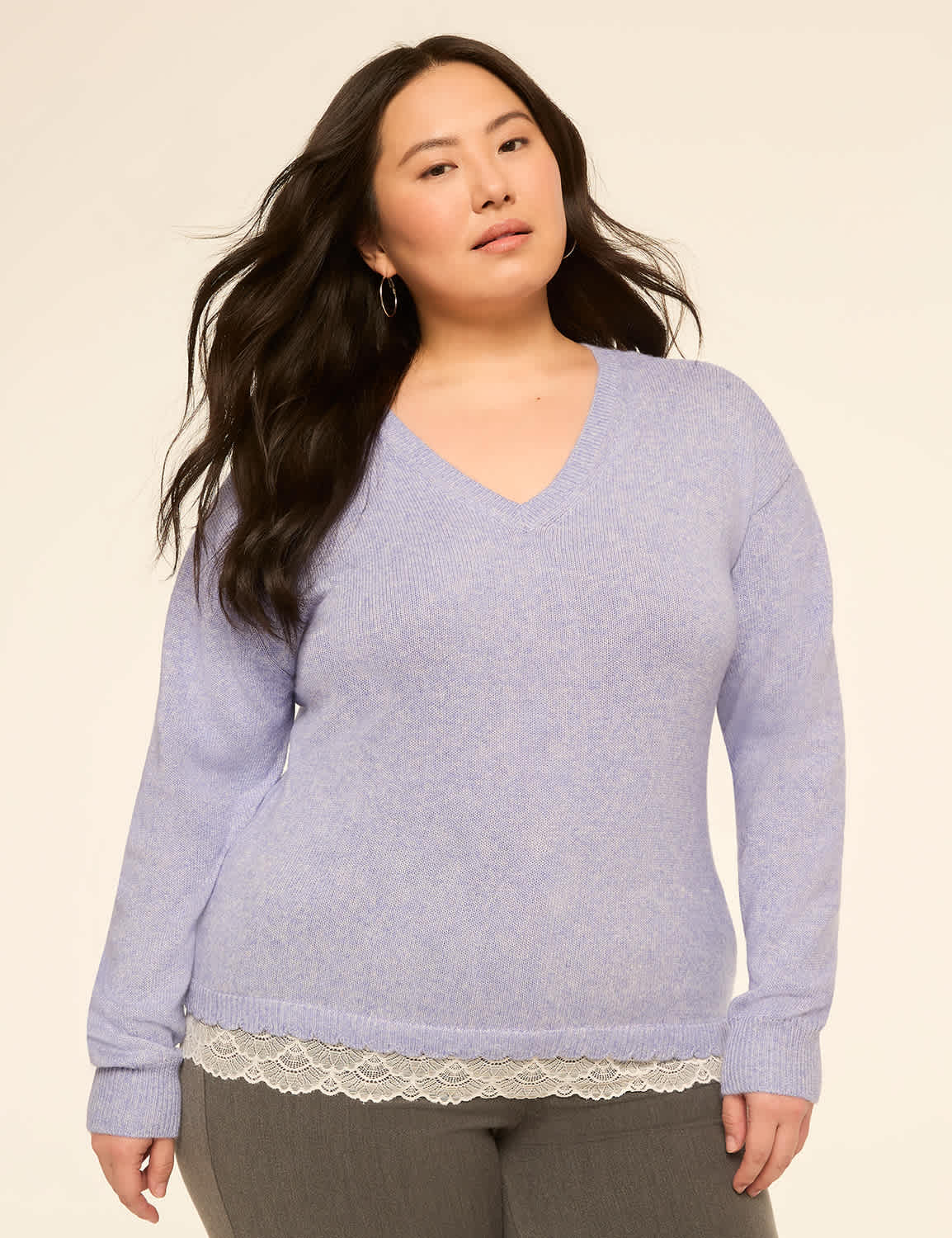 Lace-Trim V-Neck Sweater